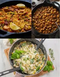 One-Pot Meals for Effortless Cooking – Fast, Flavorful & Minimal Cleanup Delicious one-pot meals including creamy pasta, seafood paella, and hearty sausage stew in cooking pans