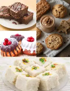 Simple Sweets to Satisfy Your Cravings – Easy & Delicious Desserts. Assortment of simple sweets including brownies, cookies, mini chocolate cakes with cherries, and soft coconut burfi.