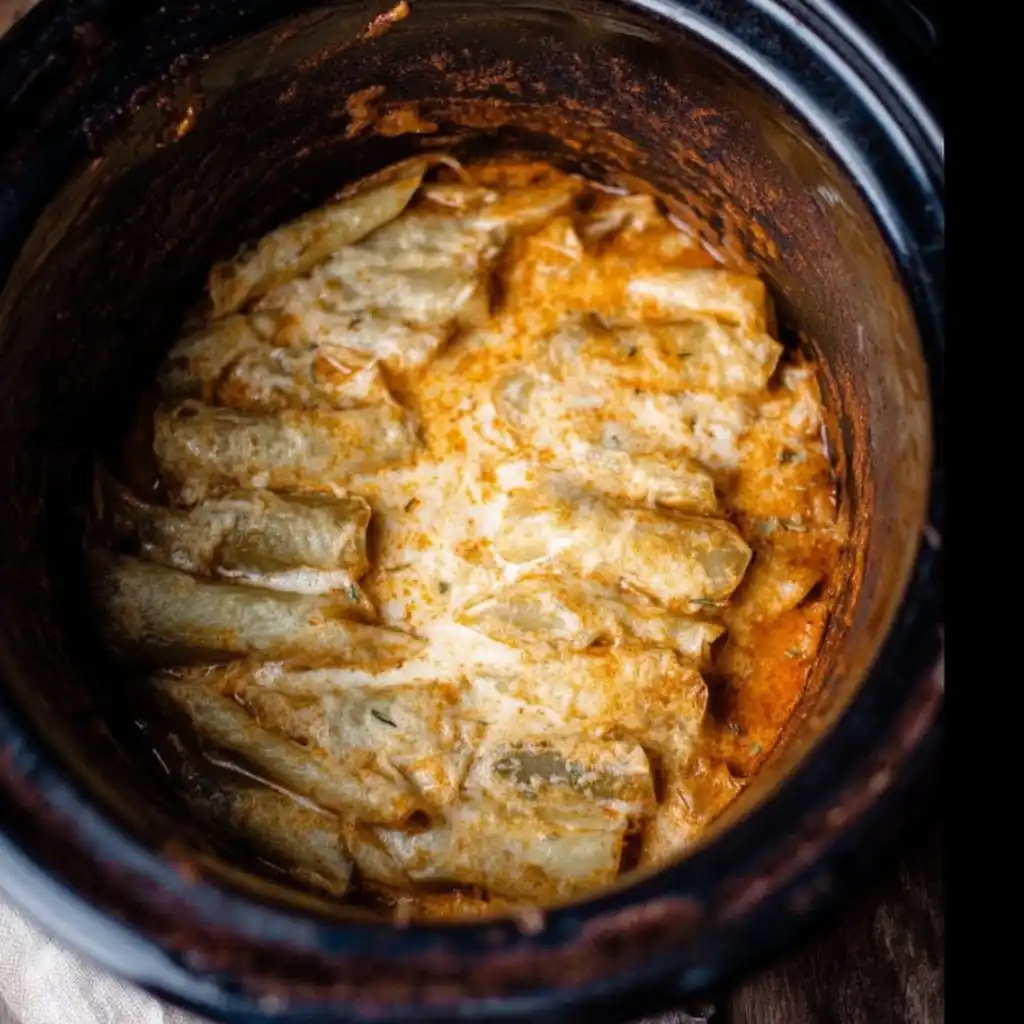 Slow Cooker Chicken Enchiladas 9 Rolled tortillas filled with chicken simmering in enchilada sauce inside a slow cooker.