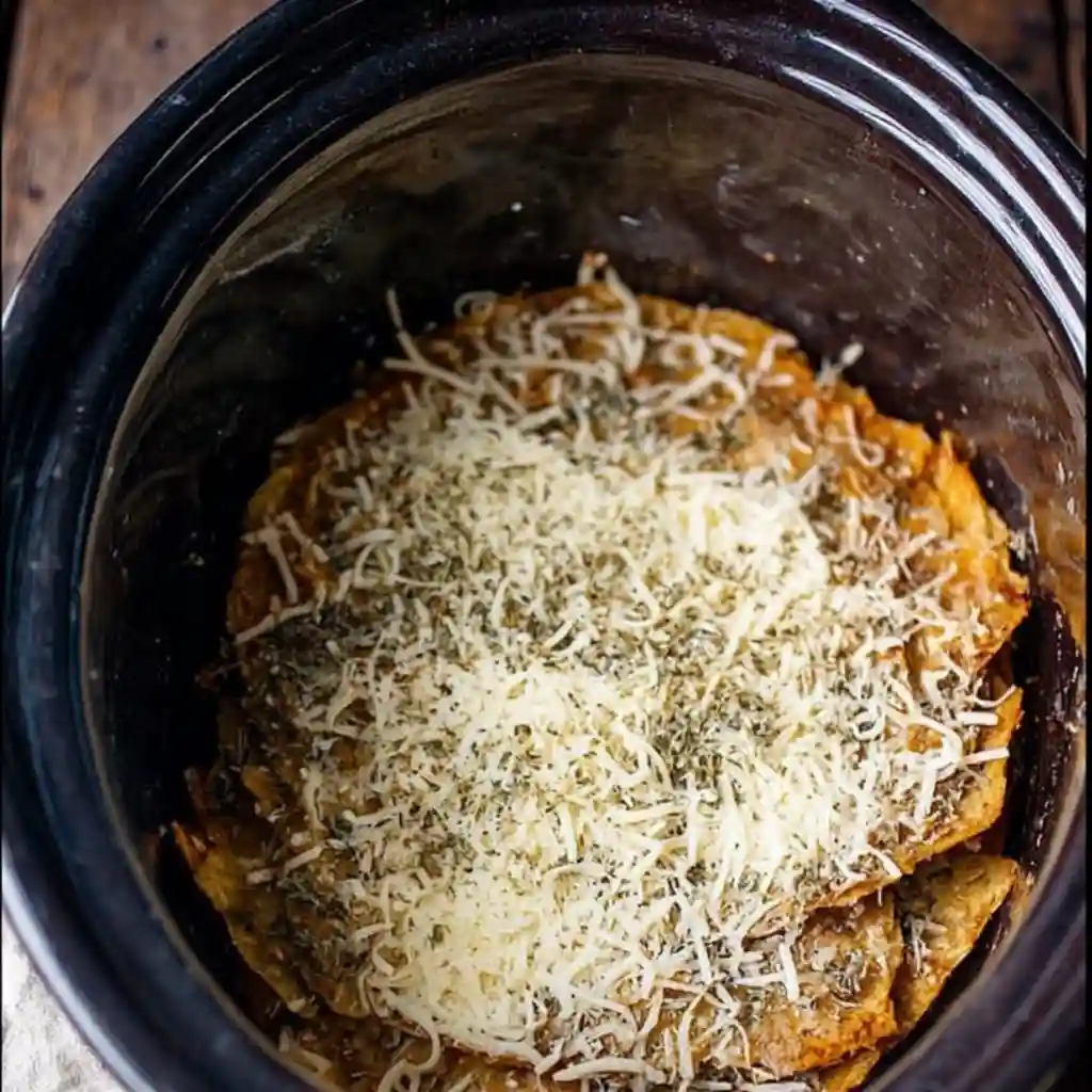 Slow Cooker Chicken Enchiladas 8 Shredded cheese and herbs sprinkled on top of chicken enchiladas in a slow cooker.