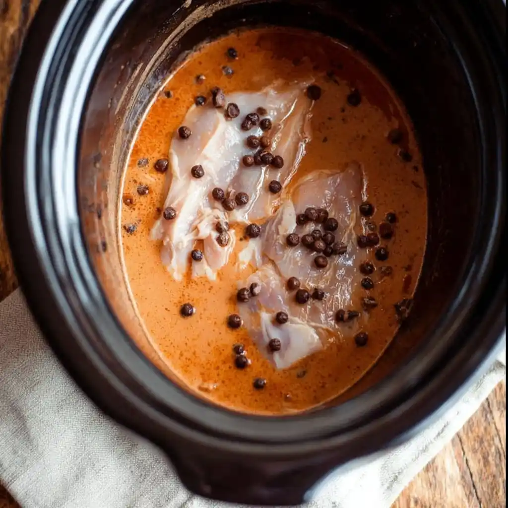 Slow Cooker Chicken Enchiladas 7 Raw chicken breasts with enchilada sauce and peppercorns in a slow cooker.