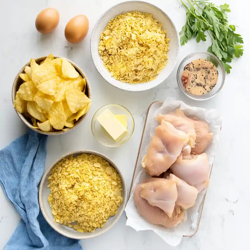 Potato Chip Chicken Recipe 4 Raw chicken fillets with flour, eggs, herbs, and breadcrumbs.