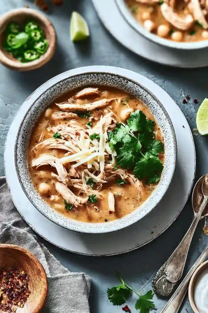 The Best White Chicken Chili  8 A bowl of creamy White Chicken Chili Recipe topped with shredded chicken, fresh cilantro, and cheese.