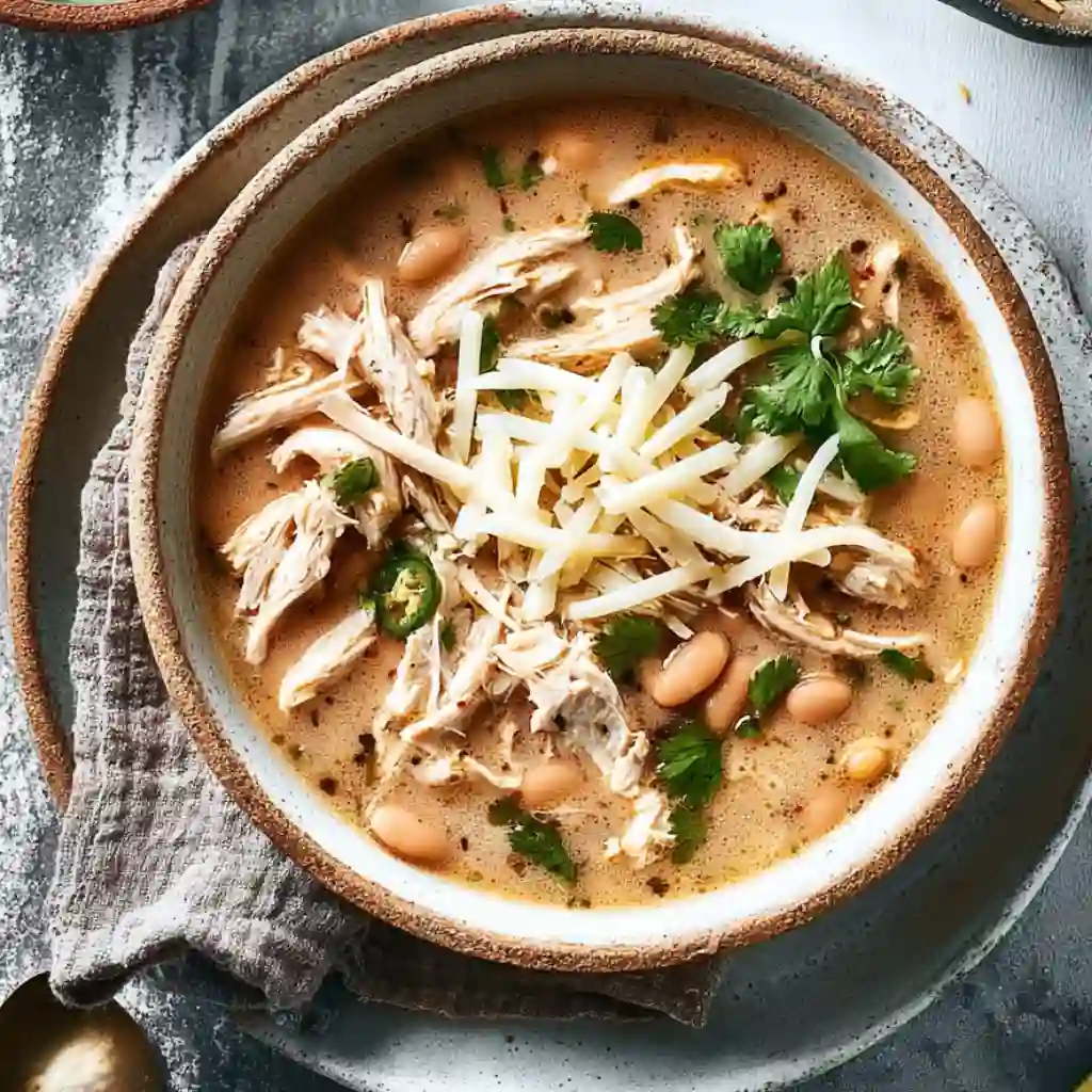 Close-up of White Chicken Chili Recipe with beans, shredded chicken, melted cheese, and fresh cilantro.