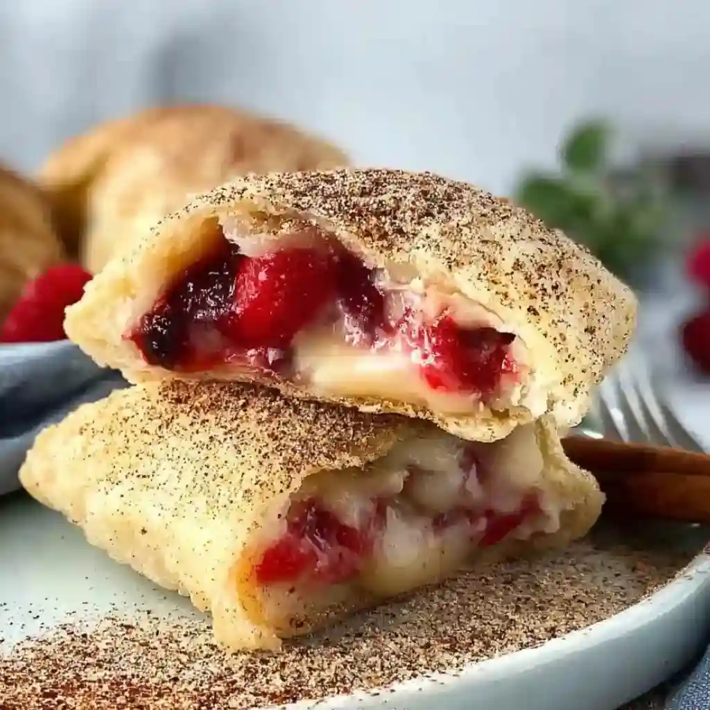Stack of Xango Desserts filled with cheesecake and strawberries on a ceramic plate.