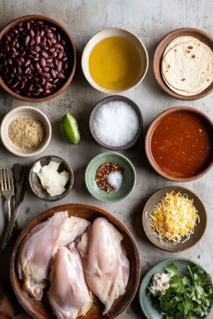 Slow Cooker Chicken Enchiladas 5 Ingredients for Slow Cooker Chicken Enchiladas including chicken breasts, beans, tortillas, enchilada sauce, and cheese.