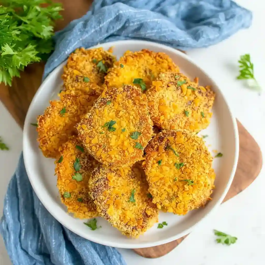 Crispy potato chip chicken pieces served on a white plate.
