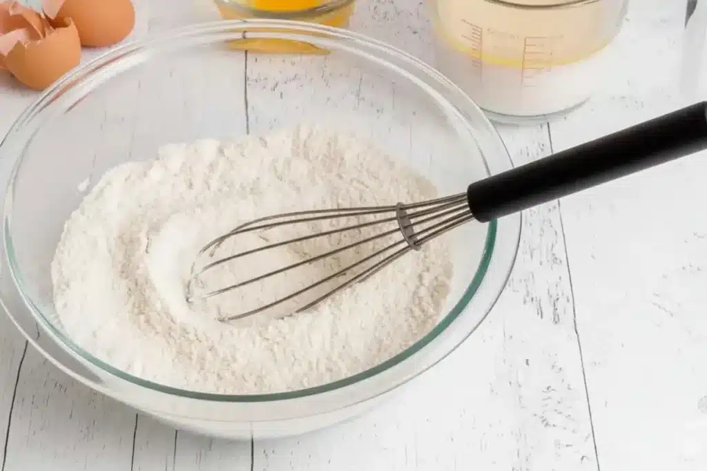 Gluten Free Waffles Recipe 6 Flour in bowl with whisk for gluten free waffles recipe