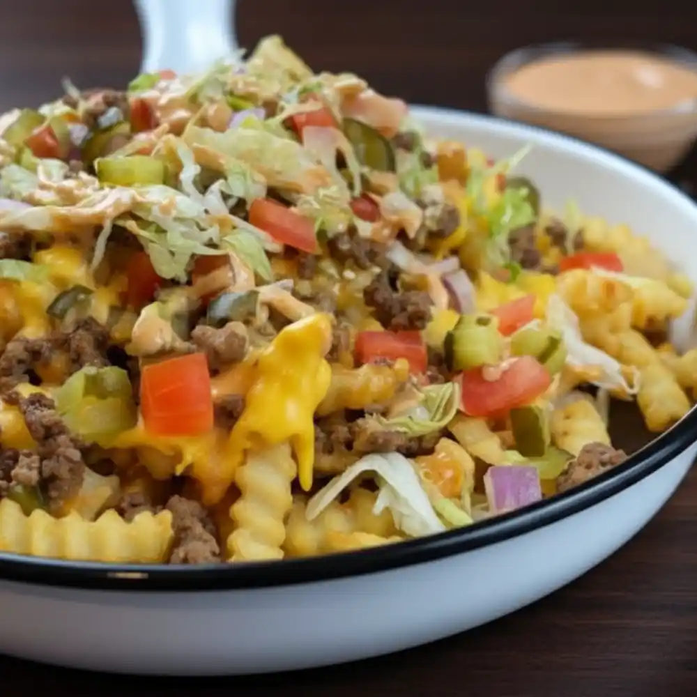 A close-up of delicious cheeseburger fries topped with ground beef, melted cheese, lettuce, pickles, tomatoes, and special sauce.