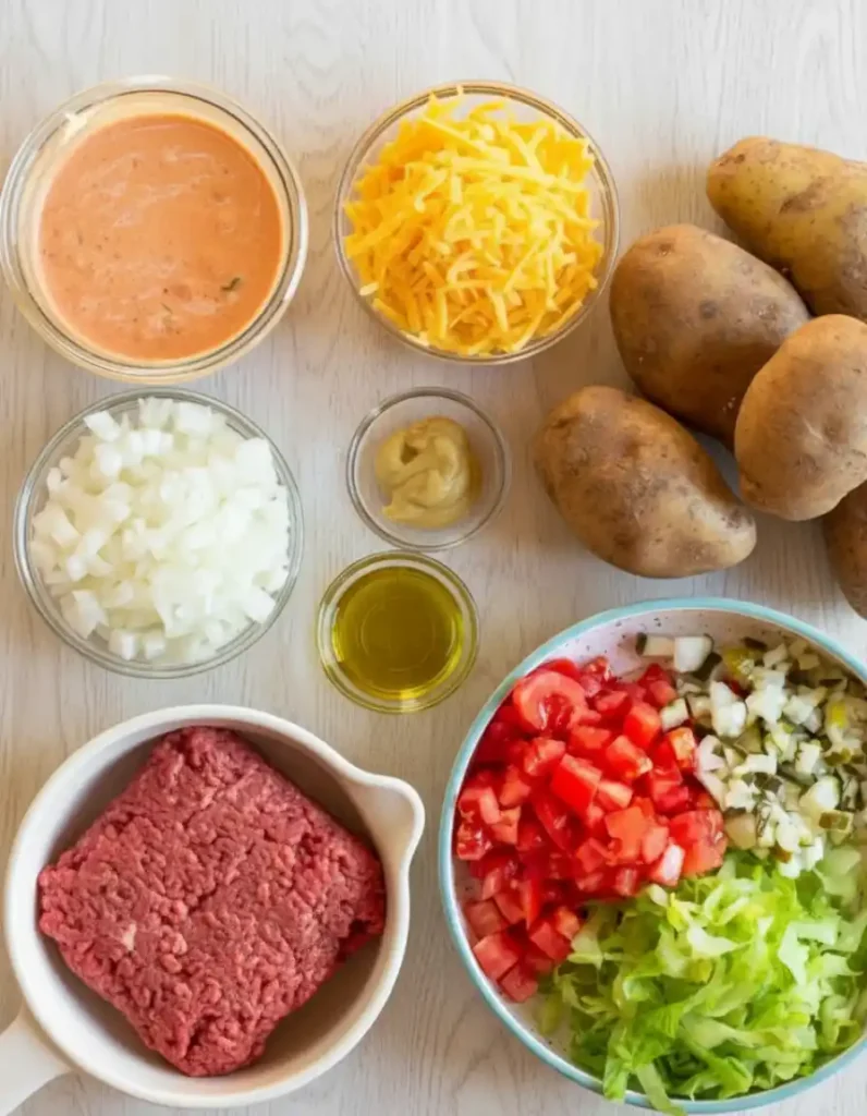 Amazing Cheeseburger Fries: Easy Recipe 3 Ingredients for making cheeseburger fries, including ground beef, potatoes, cheddar cheese, lettuce, tomatoes, pickles, onions, sauce, and seasonings arranged on a table.