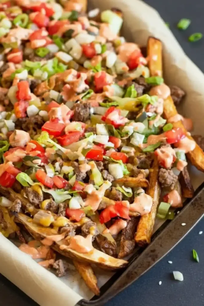 Amazing Cheeseburger Fries: Easy Recipe 4 omemade cheeseburger fries on a baking tray topped with ground beef, melted cheese, diced tomatoes, onions, lettuce, and creamy sauce.