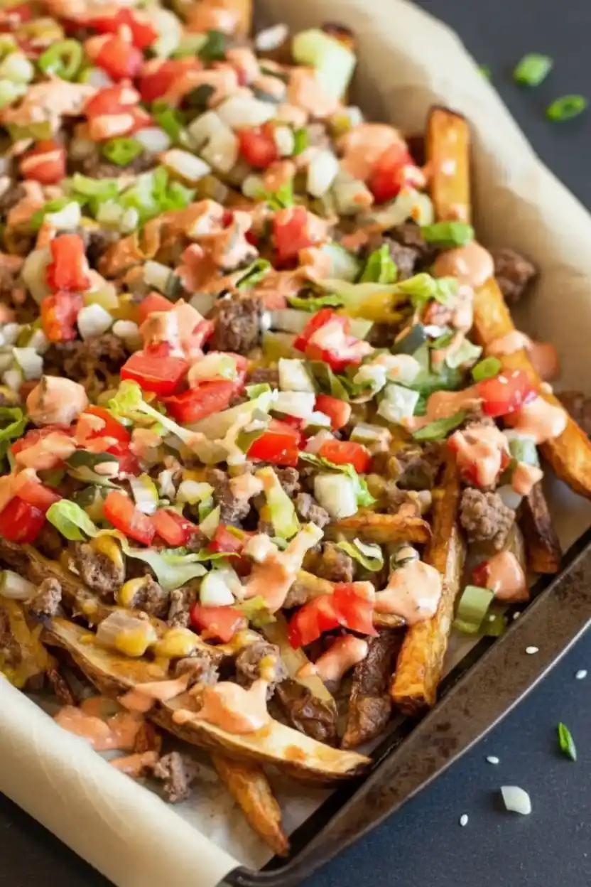Amazing Cheeseburger Fries: Easy Recipe 2 omemade cheeseburger fries on a baking tray topped with ground beef, melted cheese, diced tomatoes, onions, lettuce, and creamy sauce.