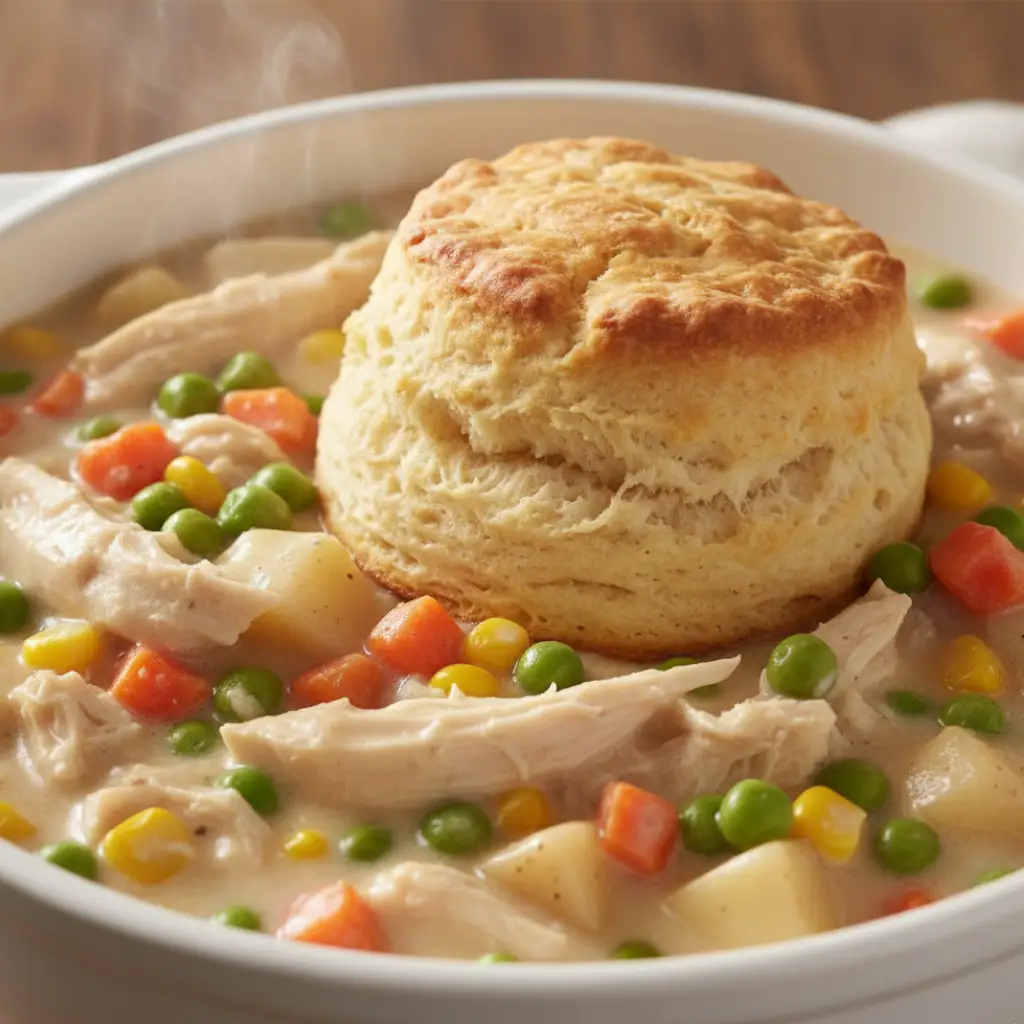 Crockpot Chicken Pot Pie 8 Chicken pot pie topped with a golden fluffy biscuit.