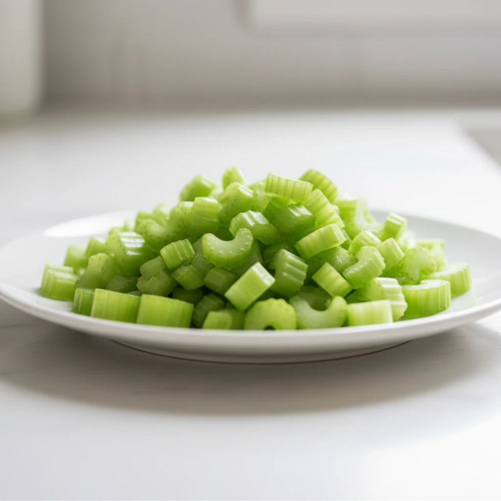 Chicken Salad Sliders Made Easy and So Delicious 5 Freshly chopped celery on a white plate.