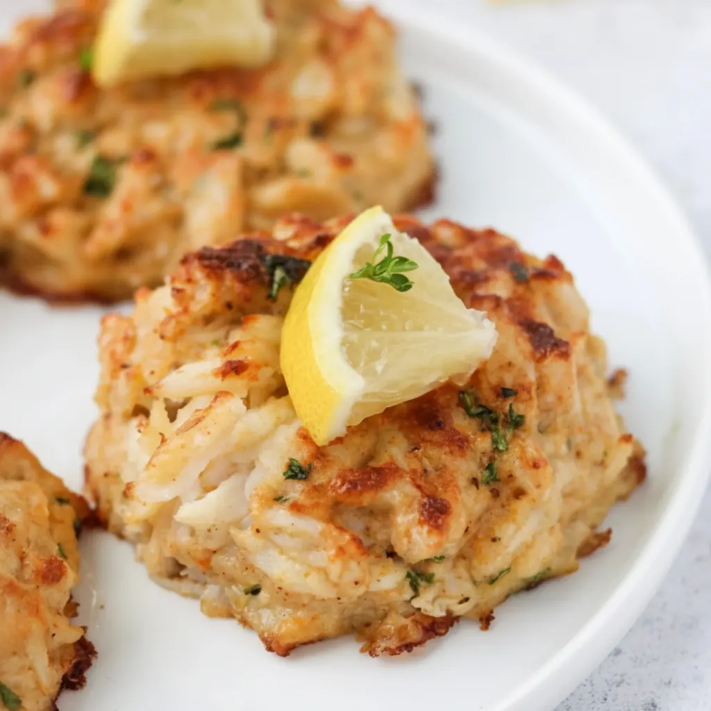 Golden gluten free crab cake Recipe with a lemon wedge garnish on a white plate.