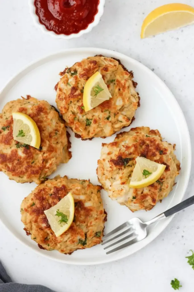 The Coziest Gluten Free Crab Cake Recipe 2 Four golden gluten free crab cakes with lemon wedges and dipping sauce on a white plate.