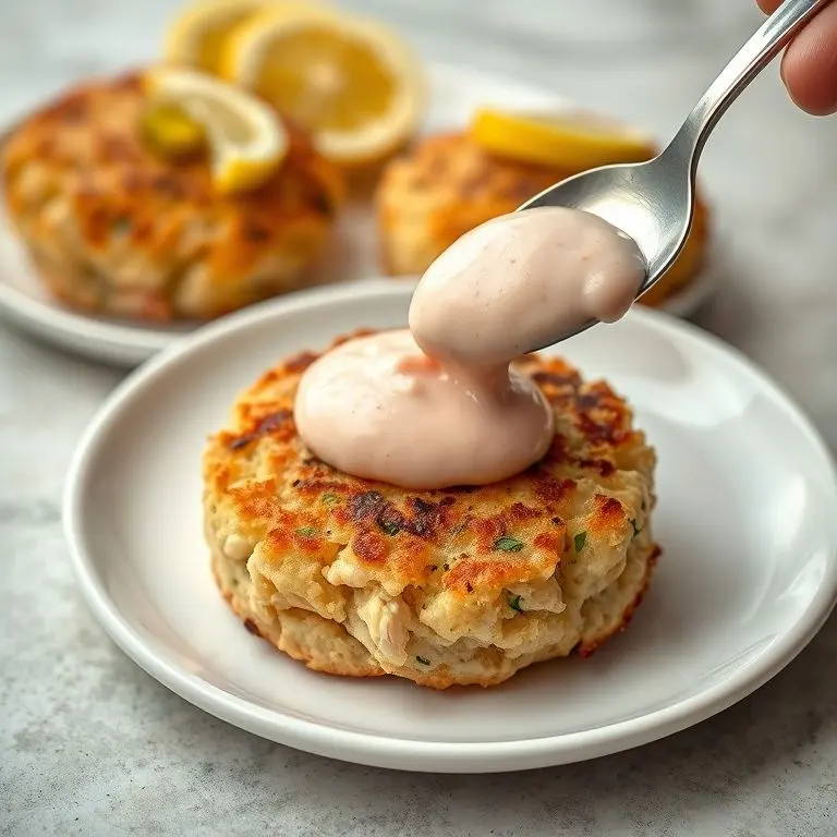 The Coziest Gluten Free Crab Cake Recipe 8 Gluten free crab cake topped with creamy homemade sauce on a white plate.
