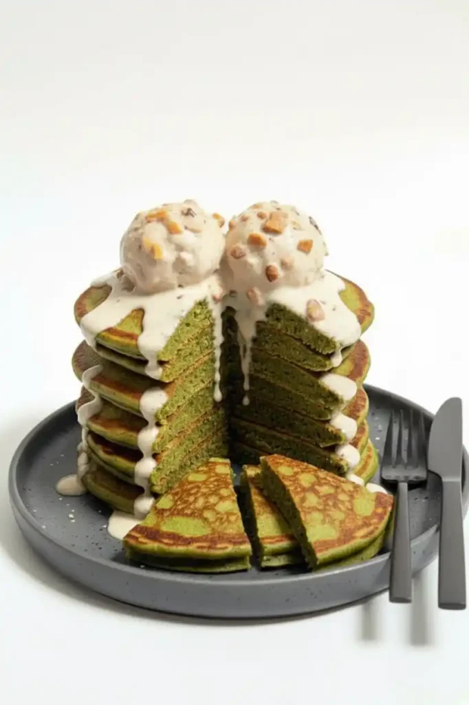 Stunning Japanese Fluffy Matcha Pancakes Recipe 4 Stack of green matcha pancakes with ice cream and nuts on a dark plate, showcasing the Japanese Fluffy Matcha Pancakes Recipe