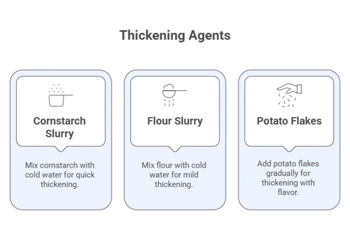 Crockpot Chicken Pot Pie 12 An infographic showing three methods to thicken a crockpot chicken pot pie: a cornstarch slurry for quick results, a flour slurry for mild thickening, and potato flakes to thicken and add flavor.