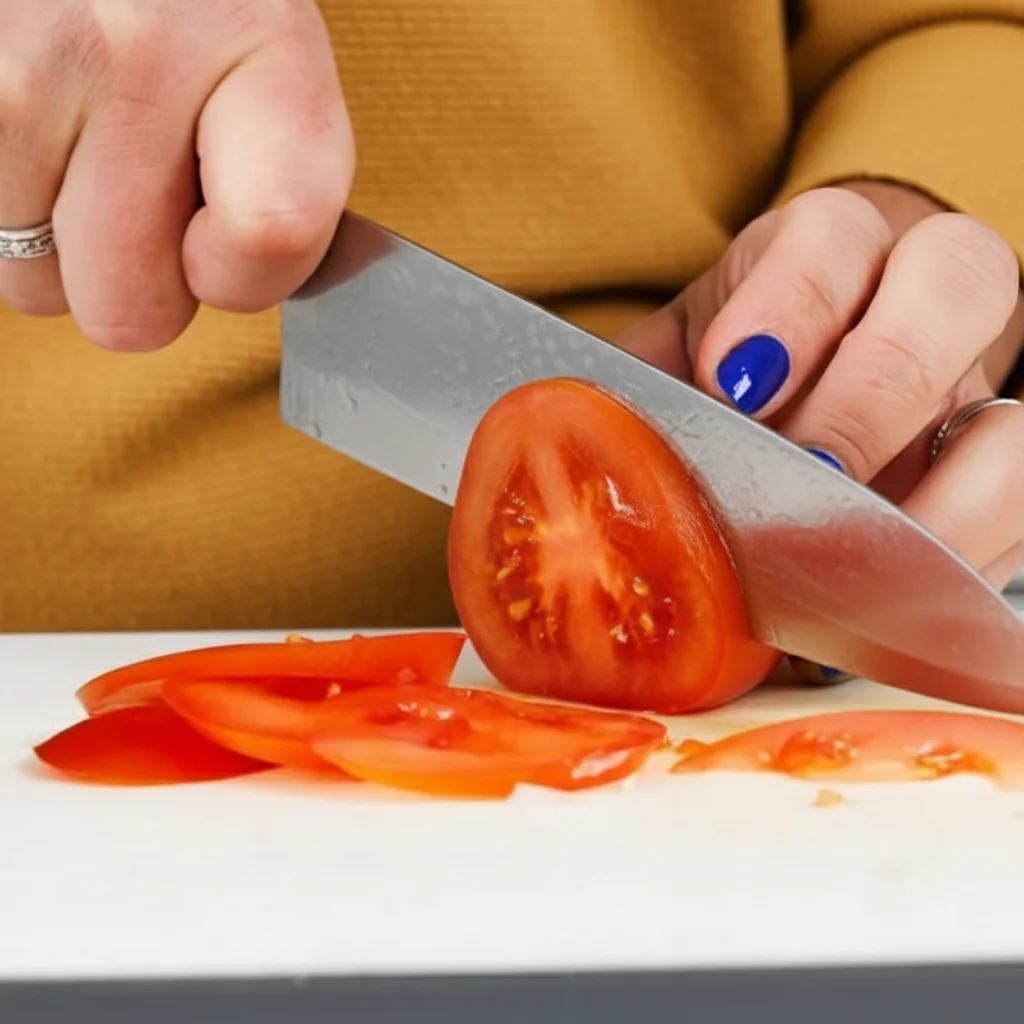 Chicken Salad Sliders Made Easy and So Delicious 6 Person slicing fresh tomato on a cutting board.
