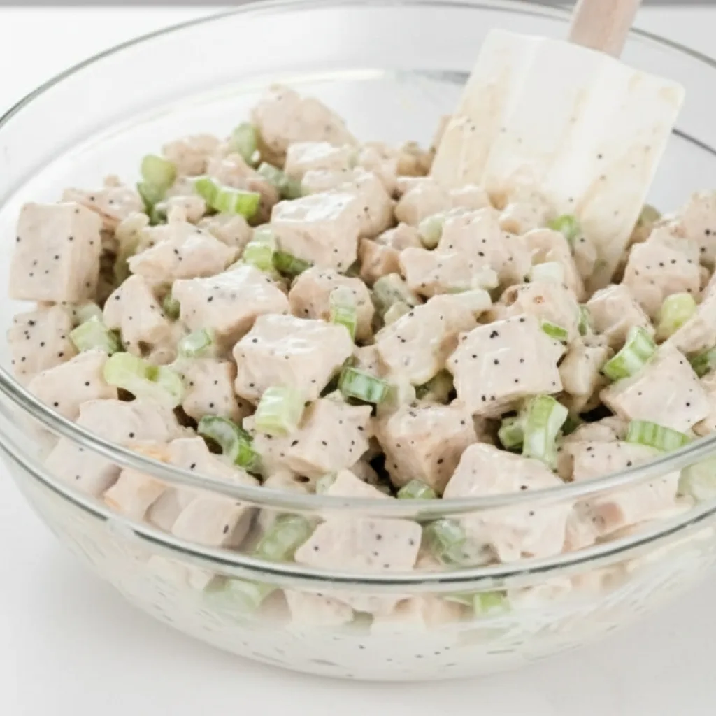 Chicken Salad Sliders Made Easy and So Delicious 7 Creamy chicken salad with celery in a glass bowl.