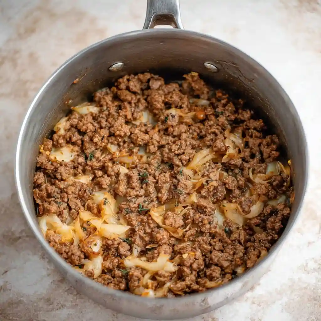 Stuffed Artichoke Bottoms Made Easy with One Great Recipe 7 Ground beef and onions cooking in a pan for stuffed artichoke bottoms.