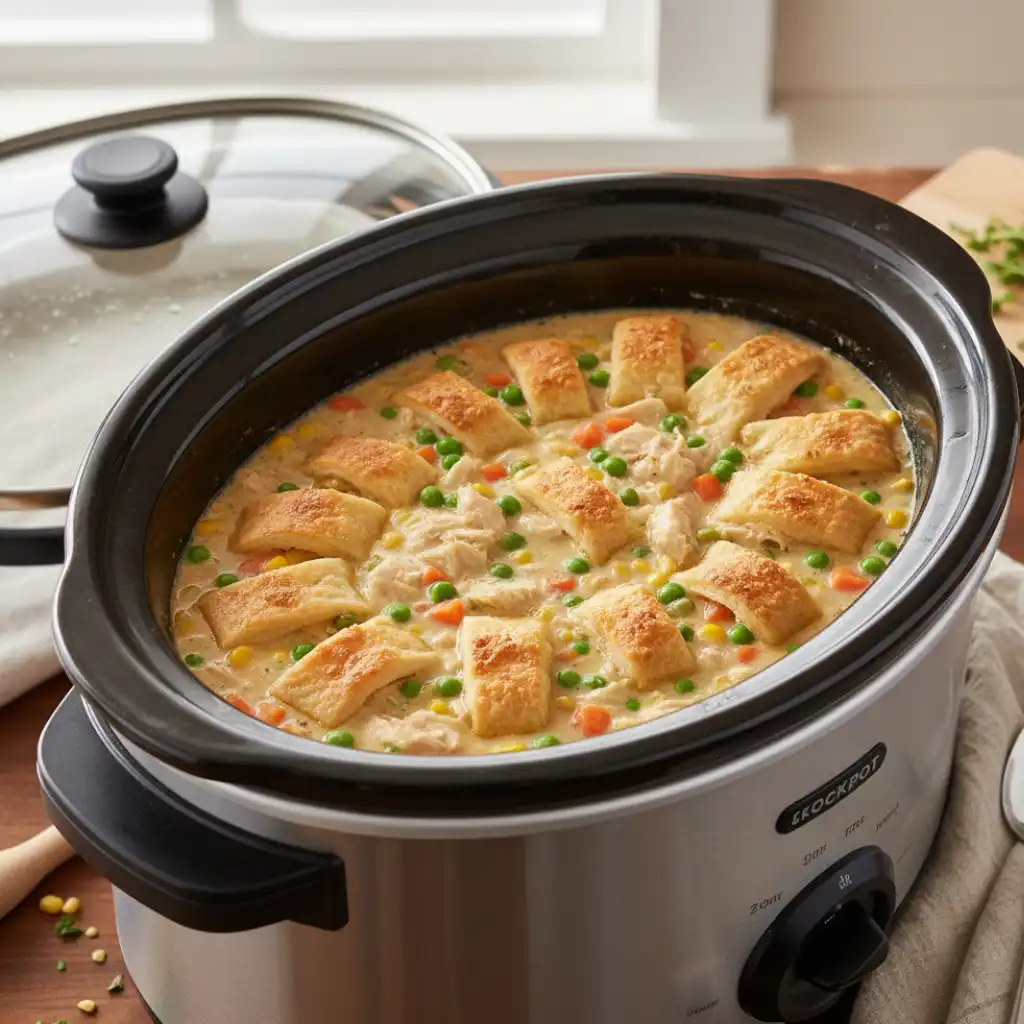 Crockpot Chicken Pot Pie 10 Crockpot chicken pot pie with golden crescent roll crust.