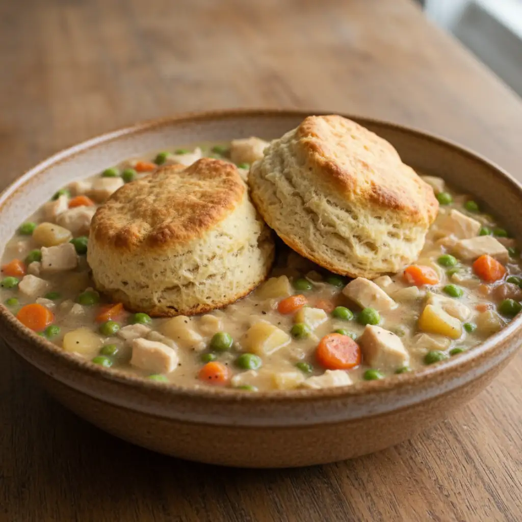Crockpot Chicken Pot Pie 9 Homemade buttermilk biscuits on creamy chicken pot pie.