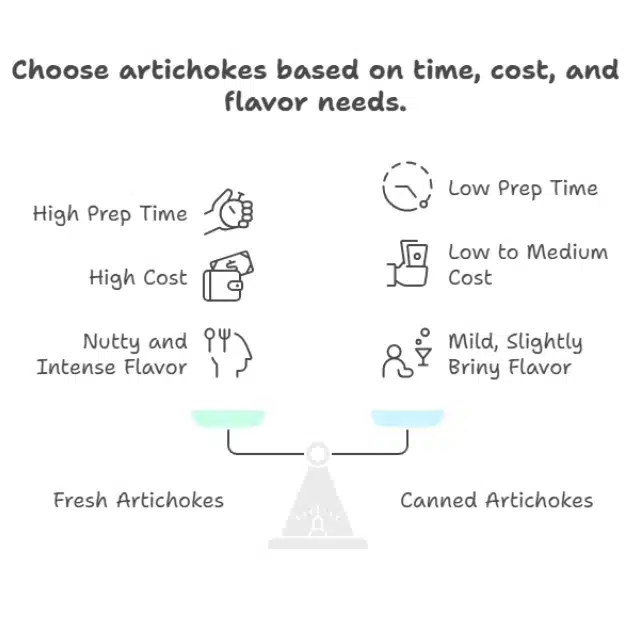 Stuffed Artichoke Bottoms Made Easy with One Great Recipe 4 Comparison chart of fresh vs canned artichokes for stuffed artichoke bottoms.