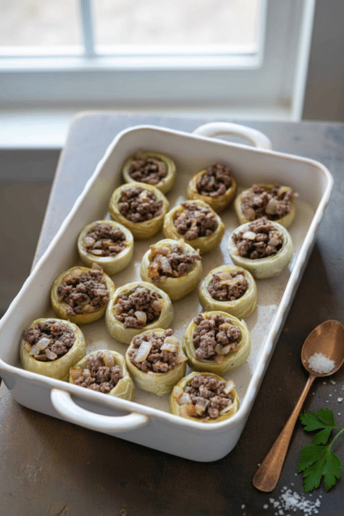 Stuffed Artichoke Bottoms Made Easy with One Great Recipe 12 Unbaked stuffed artichoke bottoms with ground beef filling in a white dish.