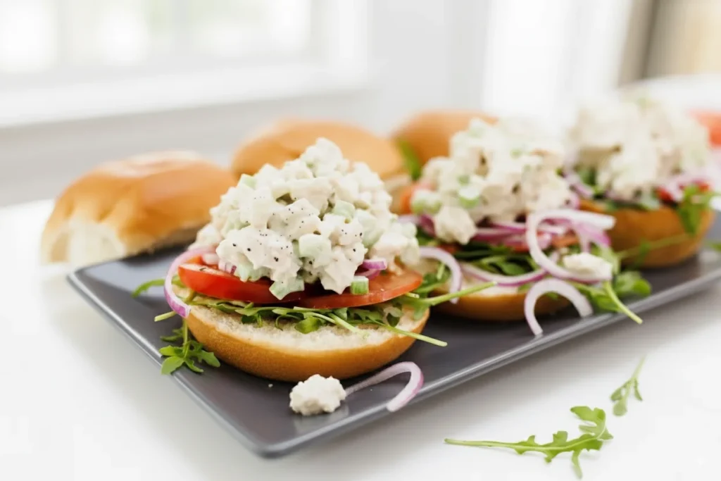Chicken Salad Sliders Made Easy and So Delicious 8 Chicken salad slider served on a white plate.