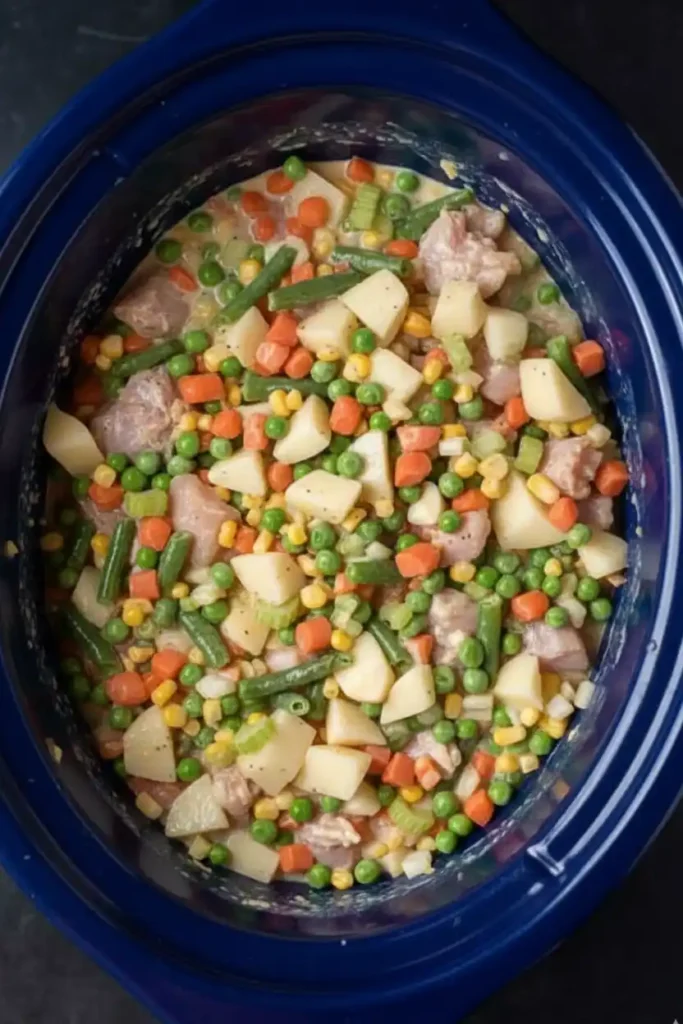 Crockpot Chicken Pot Pie 6 Overhead view of a slow cooker filled with uncooked chicken pot pie ingredients, including chicken, potatoes, carrots, peas, and green beans in a creamy sauce.