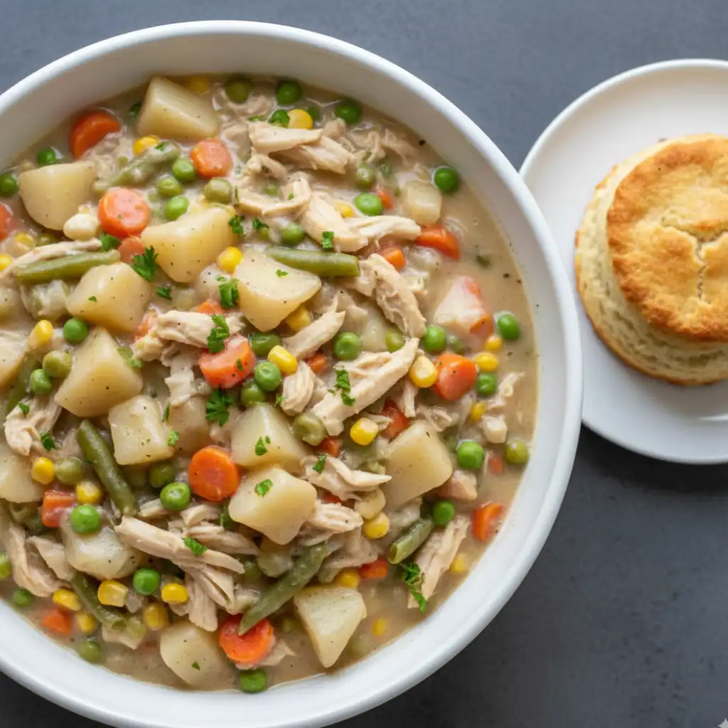 Crockpot Chicken Pot Pie 2 An overhead photograph of a serving of crockpot chicken pot pie in a white bowl, with a golden biscuit placed on a small plate to the side on a dark surface.