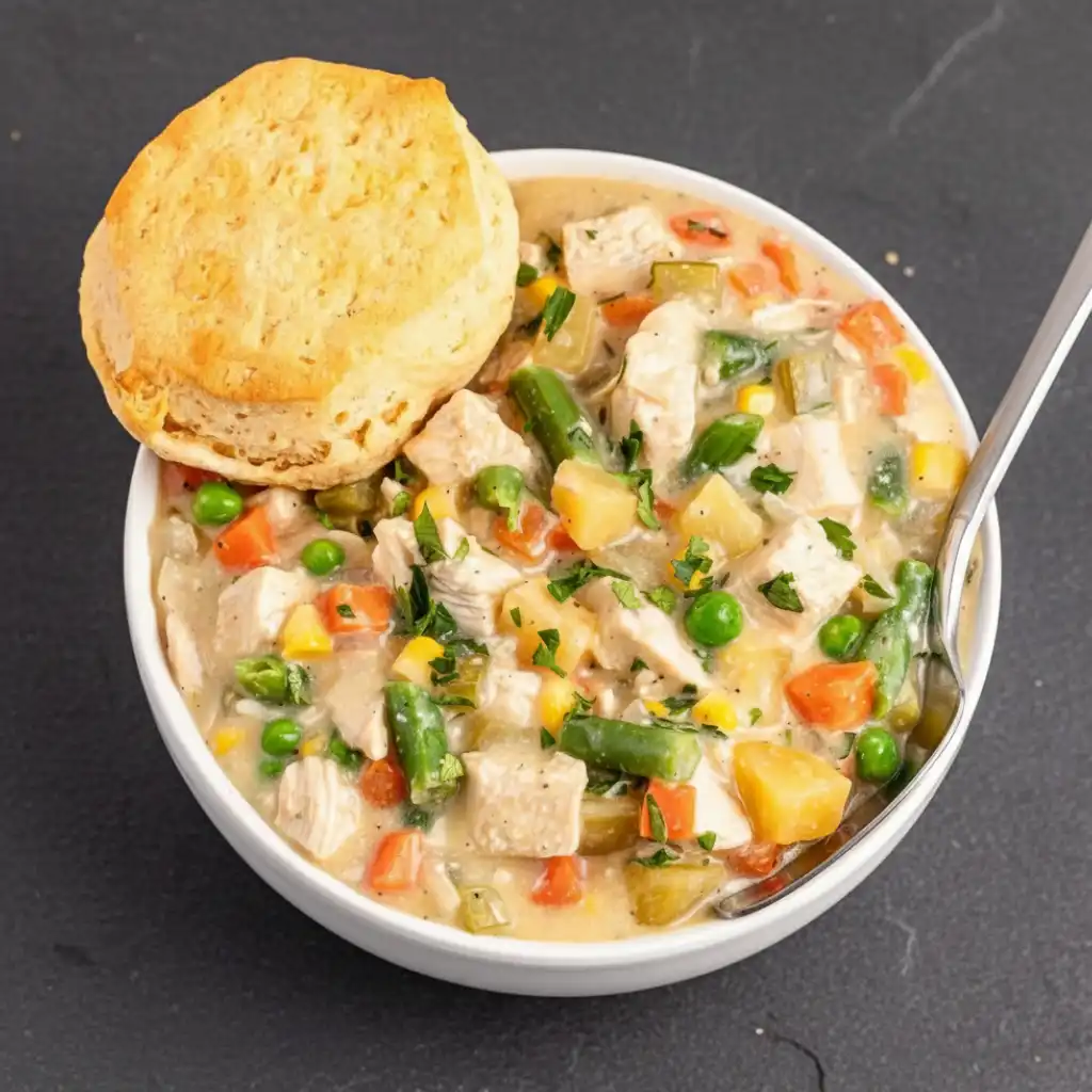 Crockpot Chicken Pot Pie 7 A close-up overhead view of a white bowl filled with creamy crockpot chicken pot pie, featuring chunks of chicken and vegetables, topped with a golden biscuit and fresh parsley.