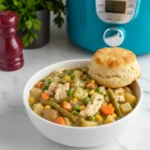A white bowl filled with creamy chicken pot pie stew, topped with a golden biscuit. A blue crockpot is visible in the background.