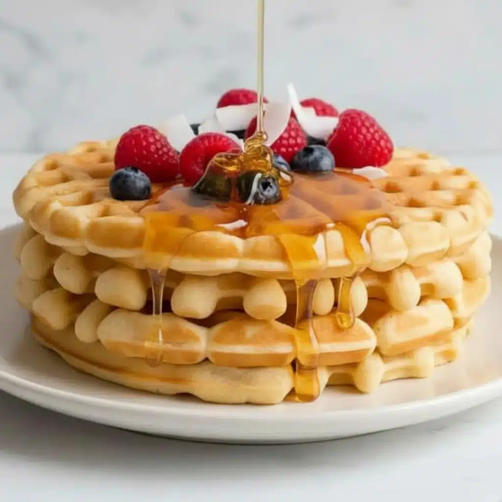Stack of fluffy Gluten Free Waffles Recipe with syrup, berries, and coconut flakes