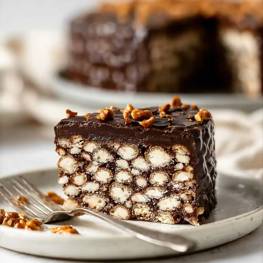 Chocolate lazy cake recipe slice with biscuits and nuts