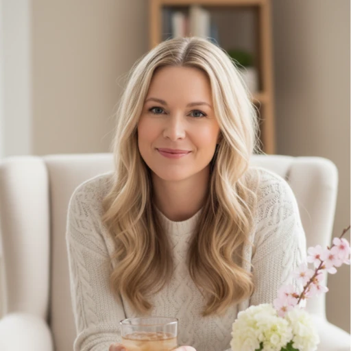 Smiling blond woman in her 40s holding a glass at a cozy table with flowers.