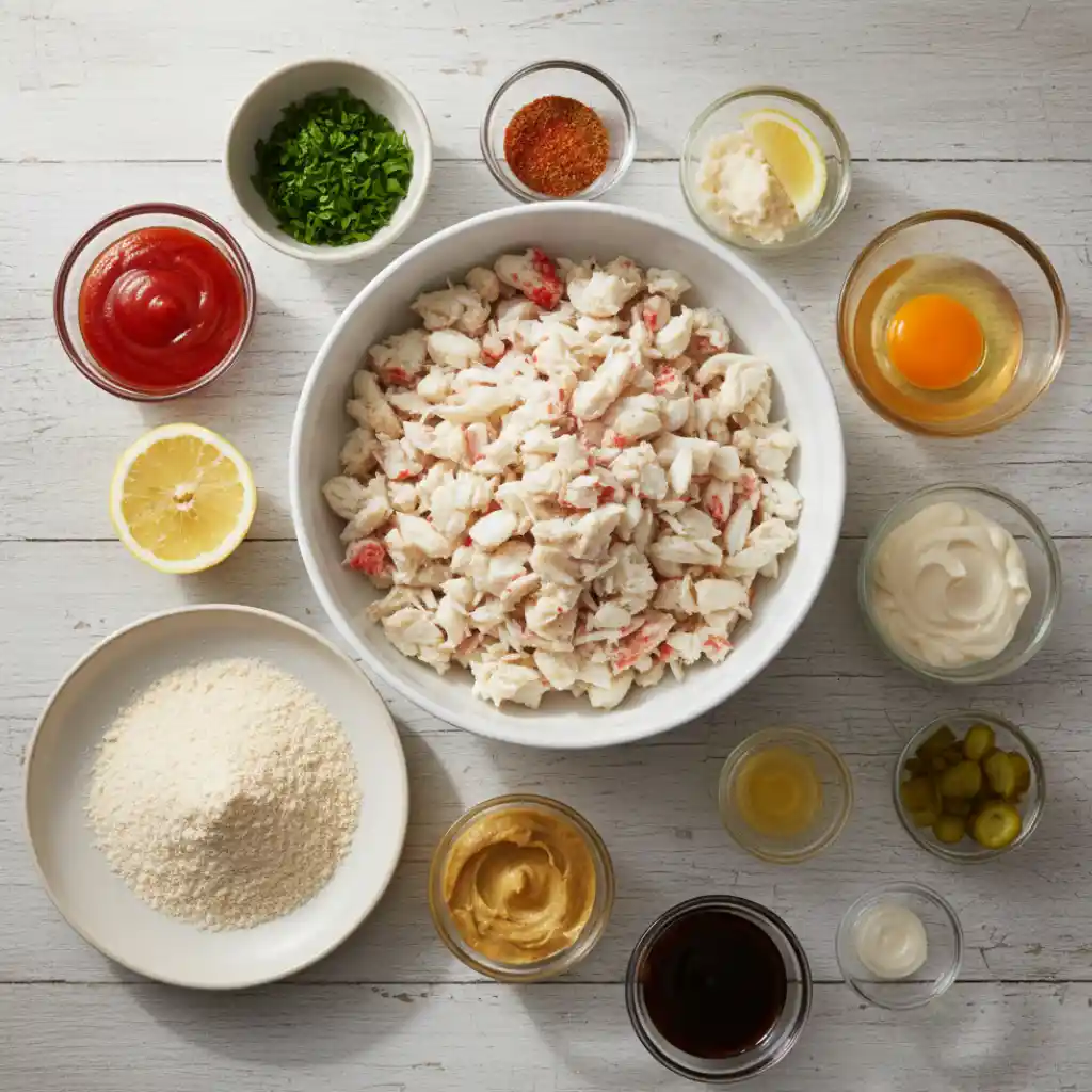 The Coziest Gluten Free Crab Cake Recipe 5 Fresh ingredients for gluten free crab cake recipe, including lump crab meat, egg, herbs, and seasonings.