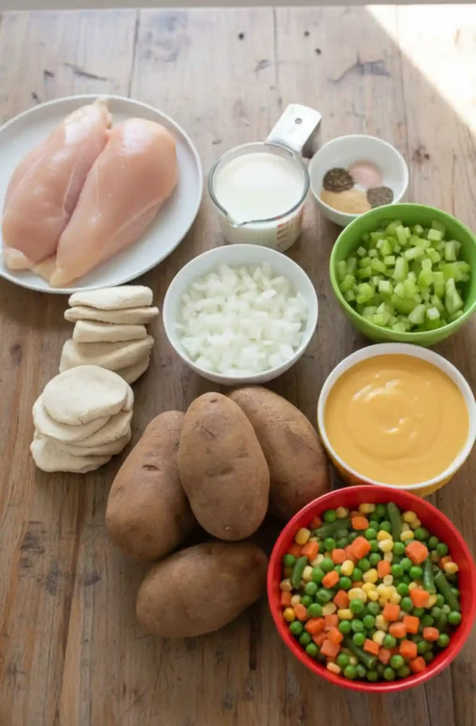 Crockpot Chicken Pot Pie 5 All ingredients for crockpot chicken pot pie displayed on a wooden table, including chicken breasts, potatoes, mixed vegetables, onions, celery, cream, cheese sauce, and biscuit dough.
