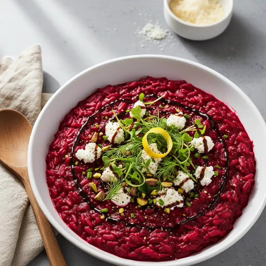 Bloody Beet Risotto recipes topped with goat cheese, microgreens, dill, pistachios, and balsamic drizzle in a white bowl on a gray stone surface.