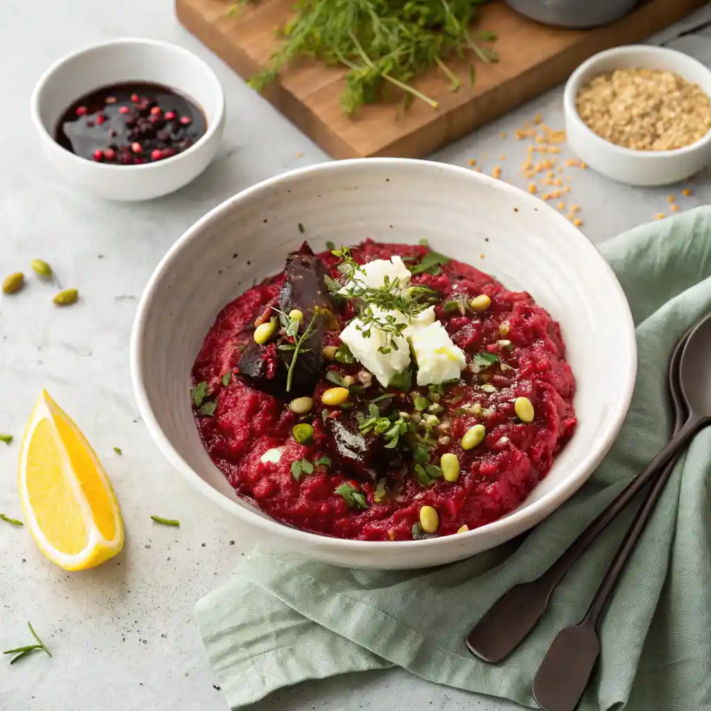Vibrant Bloody Beet Risotto: A Stunning Recipe 3 Bloody Beet Risotto recipes garnished with goat cheese, dill, microgreens, pistachios, and balsamic swirl in a white bowl by a window on a gray stone counter.