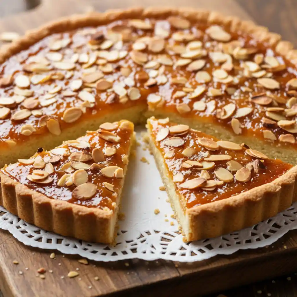 Frangipane Cake Recipe slice on almond-topped tart with glossy apricot glaze on a wooden board.