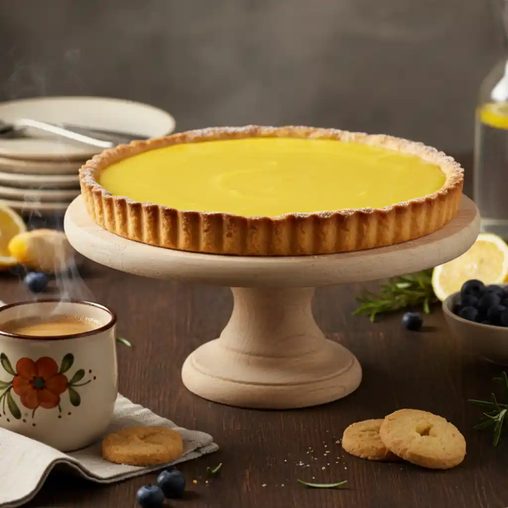 Frangipane Cake Recipe (Almond cake) 2 Frangipane Cake Recipe lemon tart on a wooden cake stand with smooth yellow custard filling and buttery crust.