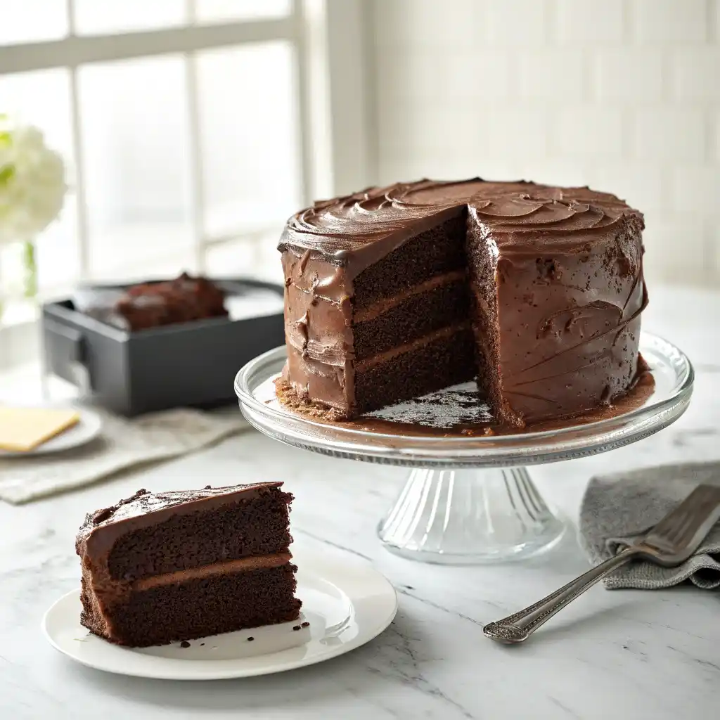 A three-layer Matilda cake with rich chocolate fudge frosting sits on a glass pedestal stand, with a single slice on a white plate in the foreground.