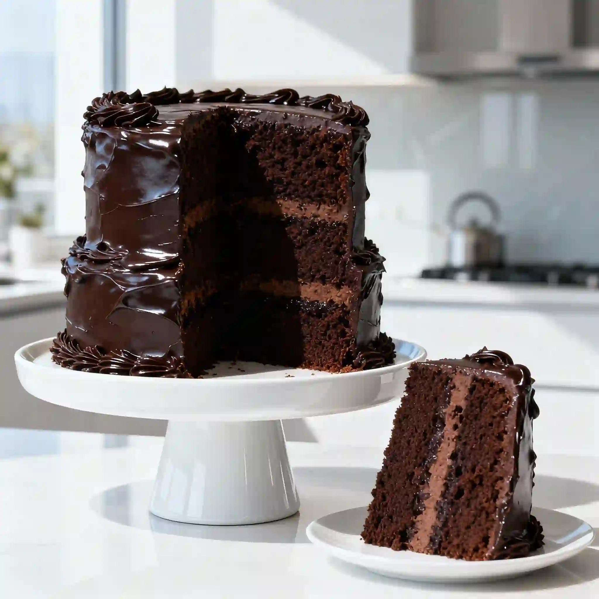 Matilda Cake Masterpiece 2 A tall, glossy, three-layer Matilda cake covered in rich, dark chocolate ganache on a white cake stand with a slice served on a plate in front.