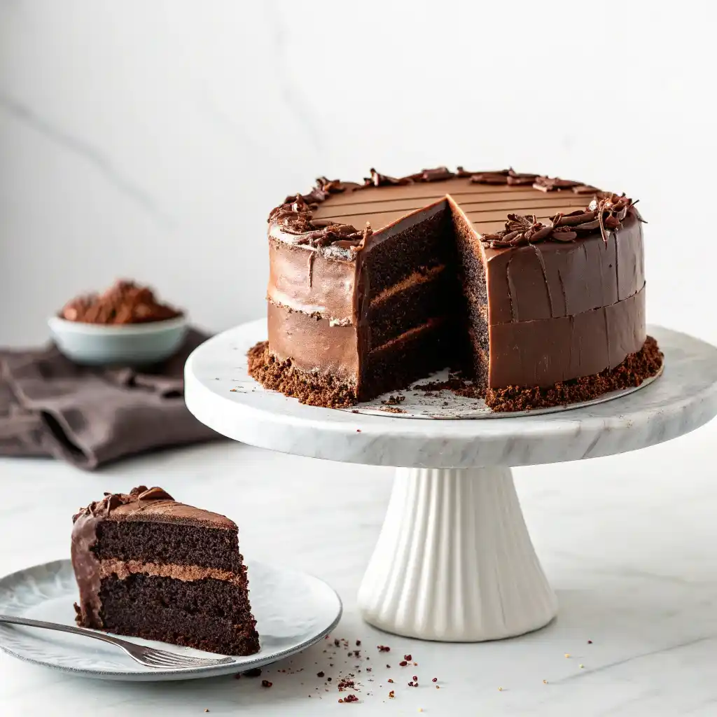 Matilda Cake Masterpiece 3 A multi-layer Matilda cake decorated with chocolate shavings on a modern white marble pedestal, with a single slice served on a plate in front.