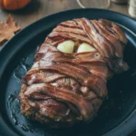 Wrapped Mummy Meatloaf with onion “eyes” on a black baking tray