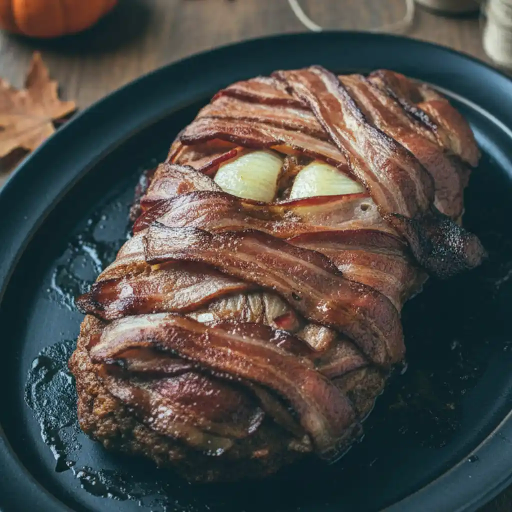Wrapped Mummy Meatloaf with onion “eyes” on a black baking tray