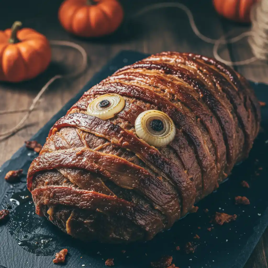 Spooky Good Mummy Meatloaf 3 wrapped Mummy Meatloaf with two onion ring eyes on a slate board, surrounded by crumbs and mini pumpkins in the background.